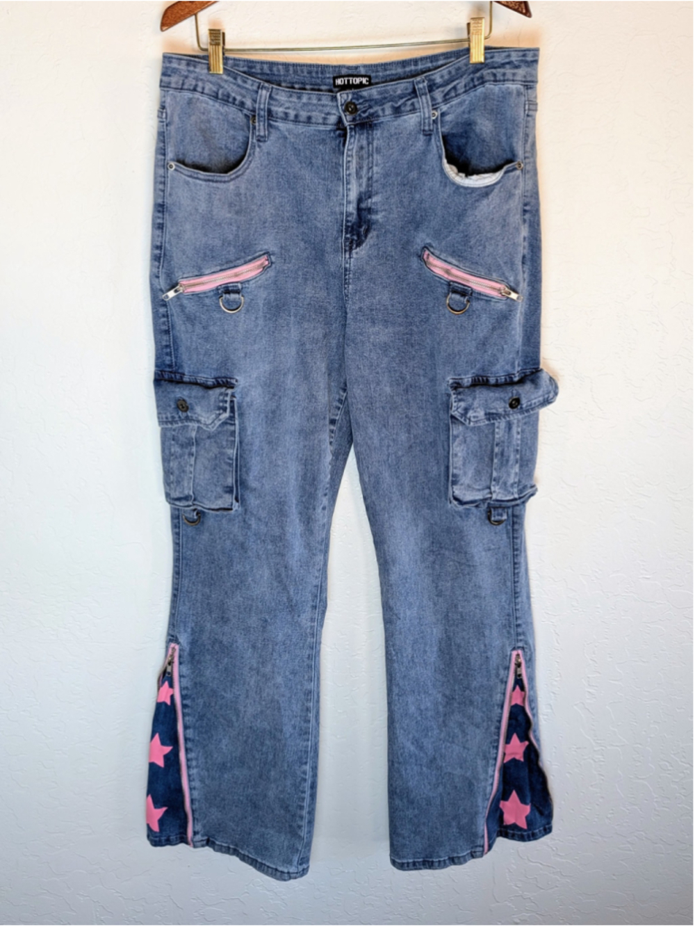 Hot Topic Star Cargo Jeans Womens 17 Y2K Pink Zip Detail Wide Leg Denim Pants